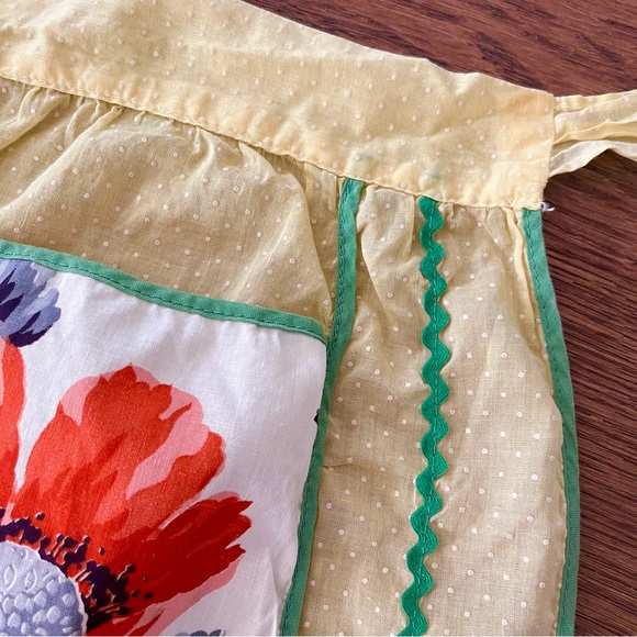 Vintage Yellow Swiss Dot Apron Green Ricrac Trim Floral Pockets - Picture 6 of 6